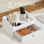 LADSTAG Office Desk Accessories,Beige White Vegan Leather Office Organizer with 1 Drawer & Tray,Pen Holder with Gold-Tone Metal Accents Knob for End Tables,Bedside Table,Bedroom. - Image 2