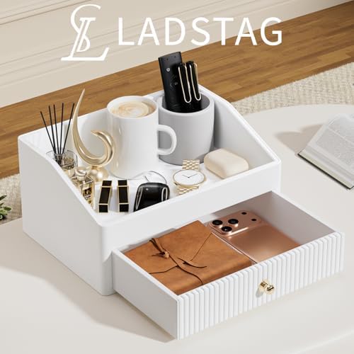 LADSTAG Office Desk Accessories,Beige White Vegan Leather Office Organizer with 1 Drawer & Tray,Pen Holder with Gold-Tone Metal Accents Knob for End Tables,Bedside Table,Bedroom. - Image 2