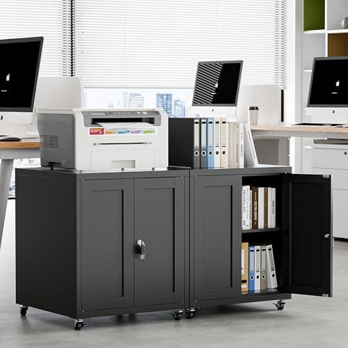 Large Printer Stand with Storage and Lock, 3D Heavy-Duty Printer Cabinet, Printer Table for Home Office with Doors and Adjustable Shelves, for Office Copier and Fax Machine, Black - Image 6