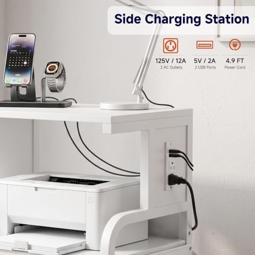 Tall Printer Stand with Charging Station, 4-Tier Large Printer Table Adjustable Shelf, Mobile Printer Cart on Wheels Heavy Duty for Home Office, Fits 3D Printer Shredder Scanner Fax, Pure White - Image 5