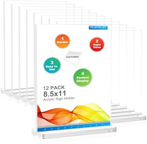BlueValley Acrylic Sign Holder 8.5x11 Vertical - 12 Pack Double Sided Clear Plastic Table top Paper Display Stand for Menu, Flyer, Document, Poster - Standing Sign Holder for Office, Retail, Catering, Show Fair by BlueValley