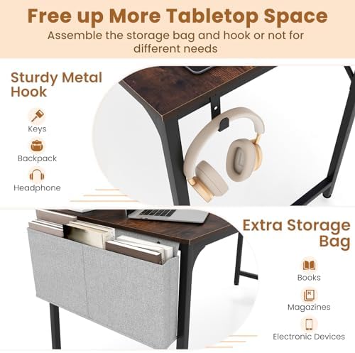 Giantex 32 Inch Computer Desk with Charging Station, Home Office Writing Desk with Storage Bag & Headphone Hook, Compact Gaming Table PC Workstation, Modern Simple Laptop Desk for Bedroom, Study - Image 5