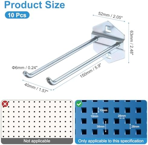 uxcell 10Pcs Metal Square Peg Board Hooks, 5.9" Heavy Duty Exhibition Display Hooks Square Hole Peg Double Rod for 3/8" Spaced Pegboards, Retail Shelf Rack Hook, Silver - Image 2