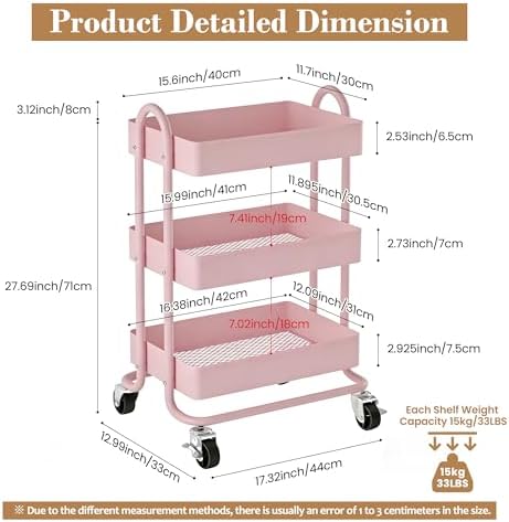 3 Tier Metal Rolling Cart, Utility Storage Cart Shelf Organizer with Wheels for Home & Office, Pink - Image 3