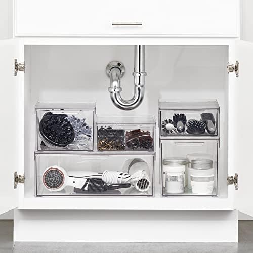 mDesign Plastic Stackable Bathroom Storage with Pull Out Bin Organizer Drawer for Cabinet, Vanity, Shelf, Cupboard, Cabinet, or Closet Organization - Lumiere Collection - 4 Pack - Clear - Image 2