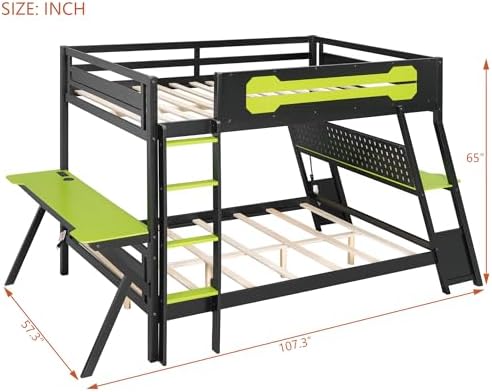 Polibi Full Over Full Bunk Bed with 2 Built-in Gaming Desks, USB Charging Ports & Pegboard Organizer, Heavy-Duty Gaming Bed Frame for Teens/Adults, Green (Full Size) - Image 2