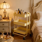 3 Tier Metal Rolling Cart, Utility Storage Cart Shelf Organizer with Wheels for Home & Office, Light Yellow - Image 2