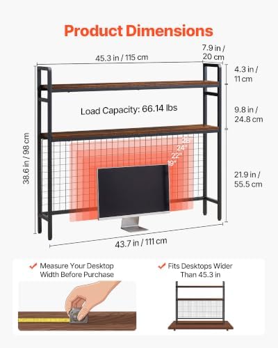 VEVOR 45.3"W Desk Shelf with Grid Panel, Desktop Bookshelf Storage Hutch for Computer Monitor, Metal Frame and Wooden Shelf, 2-Tier Countertop Display Rack, Desk Organizer Hutch for Dorm, Home, Office - Image 3