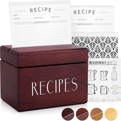 Wooden Recipe Box with 50 Recipe Cards & Dividers, 4x6 Card Holder, Walnut by ApaceLiving