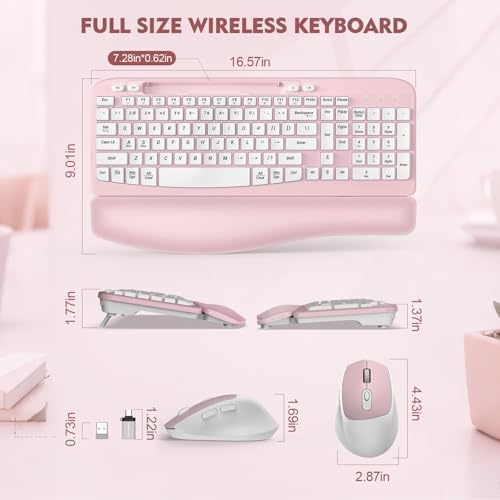 Wireless Keyboard and Mouse Combo, Full-Sized Ergonomic Wave Keys Keyboard with Memory Foam Wrist Rest & Phone Holder, 2.4G Quiet Keyboard Mouse Work Setup for PC Laptop, Office or Home (Pink) - Image 3