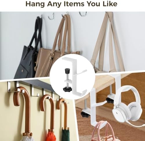 Clip-On Backpack Headphone Hangers, Portable Desk Purse Hooks, Double-Hook Design, 6 Pcs Clamp-On Under Desk Holders, Tables Desk Mount Bag Holders, White - Image 6
