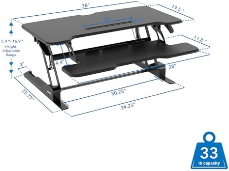 Mount-It! 38 Inch Standing Desk Converter - Gas Spring Sit Stand Desk Riser for Dual Monitors - Height Adjustable Desktop Workstation with Keyboard Tray - Black - Image 3
