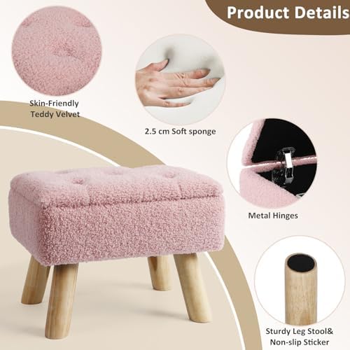 OGEMXU Storage Ottoman, Small Foot Stool Ottoman with Storage, Boucle Teddy Velvet Foot Rest with Padded Seat, Sturdy Wood Legs Stool for Living Room, Bedroom, Couch, Enterway (Pink) - Image 6