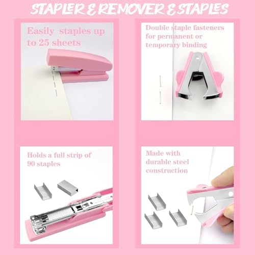 Pink Office Supplies, 17Pcs Pink Desk Accessories Set Include Stapler, Mesh Desk Organizer, Tape Dispenser, Staple Remover, Pen Holder, Clips, Pens, Ruler, for Office Home School Women Students Gift - Image 6