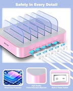 MSTJRY Charging Station for Multiple Devices : 5 Port Multi USB-A Charger Stations Multi-Device Organizer Charging Dock Designed for iPhone iPad Cell Phone Tablets (7 Short Cables Included), Pink - Image 2