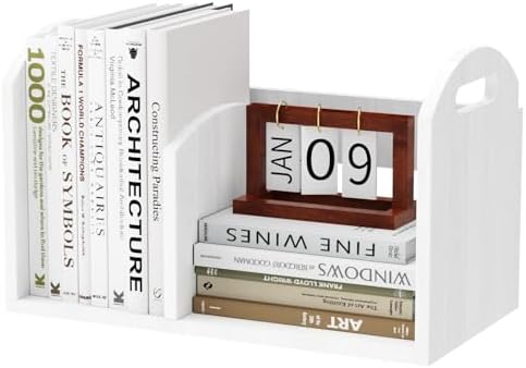100% Solid Wood Adjustable Desktop Bookshelf, Retro Tabletop Book Shelf File Holder, Vertical Bookshelf Divider Desk Shelf for Home School Office Organization, Perfect for Books Magazine (White) by Soultopxin
