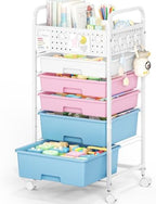 5 Drawer Rolling Storage Cart with Pegboard Top and Hooks, Pink&Blue by SYKIARIOL