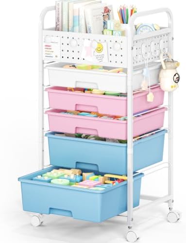 5 Drawer Rolling Storage Cart with Pegboard Top and Hooks, Pink&Blue by SYKIARIOL