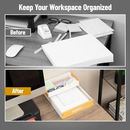 Mind Reader Metal and Wood Tiered Desktop Organizer Trays with Cutout Handles, Stackable Office Storage, Office, Entryway, Coffee Station and Home Organization, Metal and Wood, Set of 2, White - Image 5