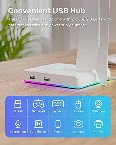 IFYOO RGB Gaming Headset Stand with 2 USB Ports, Game Headphone Mount for PC, Xbox One, PS4, Switch, Earphone Holder Hanger, Great for Gaming Stations, Fancy Desk Gamer Accessories, White - Image 4