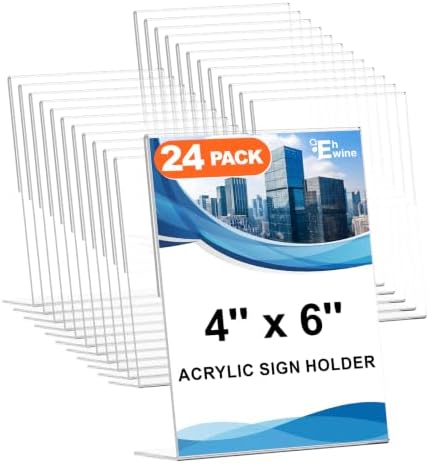 EHWINE 24 Pack 4 x 6 Acrylic Sign Holder, Clear Plastic Signs Display Stand, Vertical Slanted Back Paper Holder Stand up Table Top Sign Holders Flyer Stand Frames Suitable for Office Business Store by EHWINE