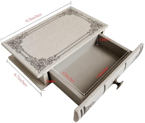 Vintage Book Storage Box with Drawer, Natural Linen-Textured Cover with Classic Frame Pattern, Hidden Organizer for Jewelry, Keepsakes or Desktop Use 9.5″ x 6.7″ x 2″ - Image 2