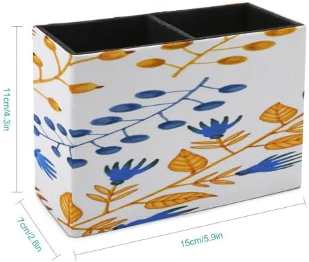PU Leather Multi-Compartment Pen Holder Desktop Organizer Pencil Cup Storage Caddy for Office Home Supplies Hand Painted Markers Bright Herbal Yellow And Blue Seamless Pattern - Image 2