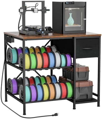 3D Printer Table with Filaments Storage, 3D Printer Stand Storage Rack with Drawer, Wood Desktop Printing Workstation with 4-Tier Spool Holder for Workshop Studio Office by Bliesosfud