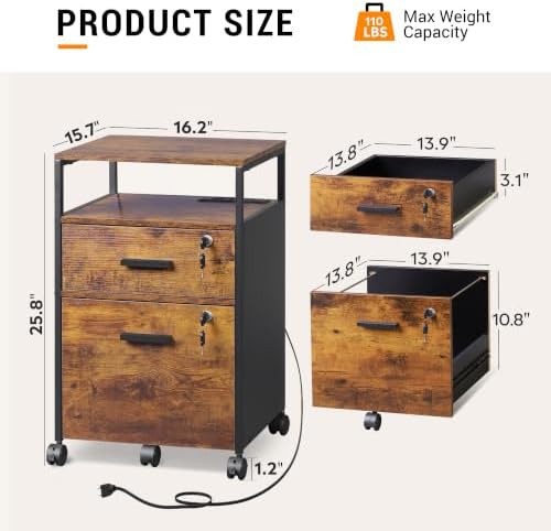 DEVAISE 2 Drawer File Cabinet with Lock, Wood Printer Stand, Rustic Brown - Image 3