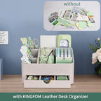 KINGFOM PU Leather Desk Organizer with Drawer, 5 Compartments Desktop Storage Caddy for Office & Home Supplies, Pen Holder for Remote Control, Phone & Accessories, Mail Organizer Countertop(Beige) - Image 6