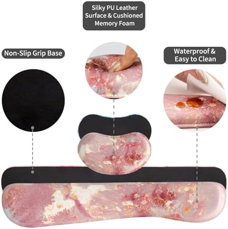 QiyI PU Leather Desk Mat Set, 4-in-1 Ergonomic Wrist Rest, Pink Marble - Image 6