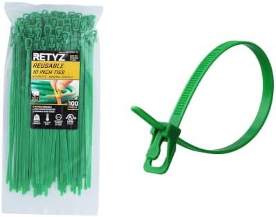 RETYZ 10-Inch Green Reusable Releasable Cable Ties – 100 Pack, 50 lb Strength, Patented Quick-Release, Tool-Free Design for Home, Office, and Light Industrial Use by RETYZ