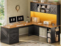 SEDETA 67" Farmhouse L Shaped Desk with Hutch, Black+Brown by SEDETA
