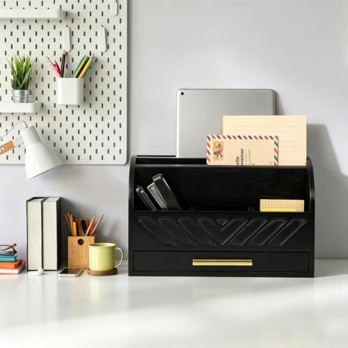 Wooden Desk Organizer with Drawer, Rustic Mail Holder & Office Storage - Image 2