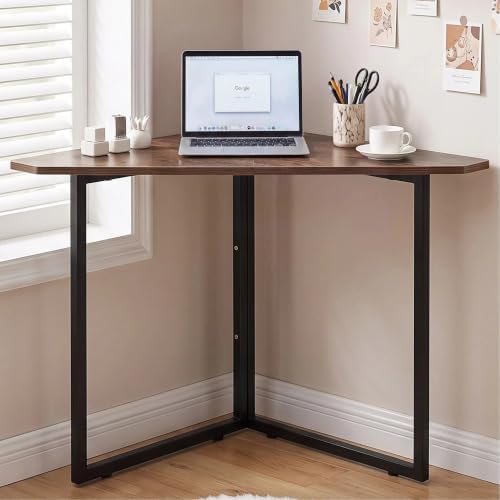 VECELO Corner Desk,Office Tables for Living Room for Small Space Triangle Computer Desk with Steel Frame Corner Shelves with Metal Frame Writing Desk for Workstation Classic Brown 30.7" by VECELO