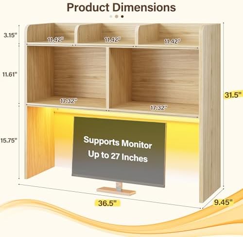 REIBII 3 Tier Desk Hutch, 6 Shelves to Storage, LED Desktop Shelf - Image 3