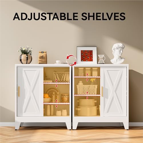 COFaR White 37" H Sliding Door Storage Cabinet, Half Open Half Closed Design, 3-Tier Kitchen Organizer with Adjustable Shelves, 150 lbs Top, Metal Coffee Bar & Buffet Sideboard for Dining Room - Image 5