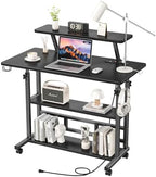 Adjustable Height Standing Desk with Power Outlets, Rolling Stand Up Desk with Monitor Stand and Storage Shelves, 31.5" Small Mobile Computer Desk, Portable Laptop Table (Black with Monitor Stand) by BYMECOST