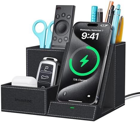 Wireless Charger with Desk Organizer, 3 Compartments and 1 Phone Stand by Investme
