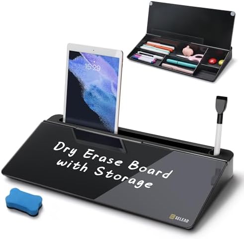 SELEAD Desktop Glass Whiteboard with Storage, Markers and Eraser, Black by SELEAD