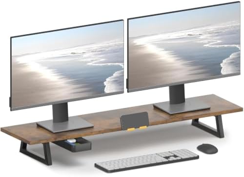 TEAMIX 39.4 inch Dual Monitor Stand Riser with Drawer & Phone Holder, Brown by TEAMIX