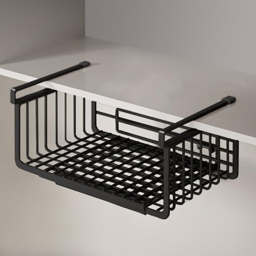 Extendable Under Shelf Storage Basket, Hanging Baskets Under Cabinet Shelf Organizer, for Cabinet Pantry Kitchen Cupboard Desk Counter Bookshelf Space Saver Heavy Duty Slide-in (Black, 1 Pack) by Janebert