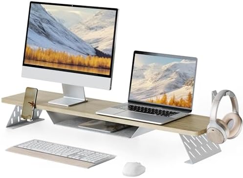 Fenge Dual Monitor Stand, Wooden Desk Shelf with Headphone & Phone Holder by Fenge