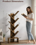 6 Tier Tree Book shelf - Small Bookcase and Small Bookshelf for Small Spaces, 15.0-Inch Wide Rustic Standing Organizer with Six Divided Book Tiers for Living Room, Bedroom or Home Office, Rustic Brown - Image 2