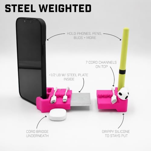 DeskBrick 2PK Silicone + Steel-Weighted Cord Holders for Desks. Weighted Cord Organizers & Cable Management for Desktops. Useful Phone Accessories & Cable Holders for Offices. No Adhesive. Pink - Image 2