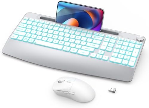 GAMCATZ Wireless Keyboard and Mouse Backlits - Full-Sized Ergonomic Lighted Keyboard with Wrist Rest, Phone Holder,2.4GHz Rechargeable Silent Keyboard Mouse Combo for Computer, Laptop, PC, Mac -White by WirelessKeyboardAndMouse