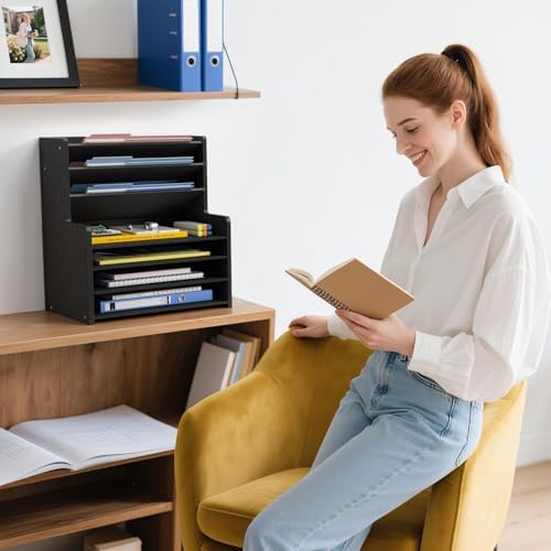 7 Tier Black Desk Organizer with File Holder, Wood Desktop Paper Organizer for Office Organization, Vertical Document Sorter and Letter Tray for Desk, School Storage Orgnizer Shlef - Image 4