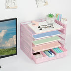 LEKETREE Desk Organizers and Accessories, 5-Tier Paper Letter Tray Organizer with Drawer & 2 Pen Holders, Desktop Organizer for Office Supplies (Pink) - Image 3