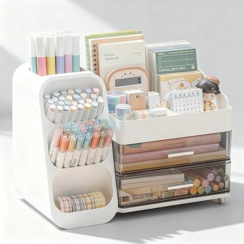 Desk Organizer with Pen Pencil Holder, Pen Organizer with 2 Drawers & 4 Compartments, Desktop Organizers and Storage for Office Home School Art Supplies (White) by ZZFENGKR