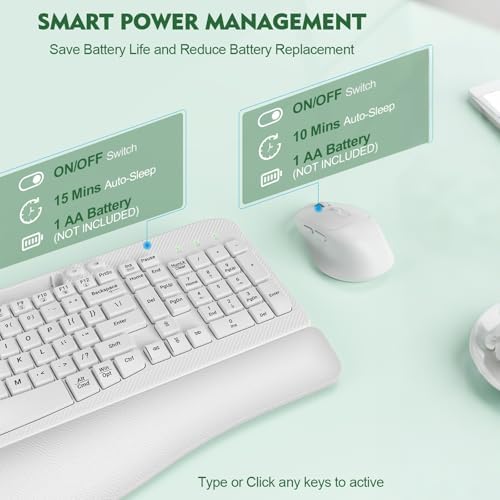 Wireless Keyboard and Mouse Combo, Full-Sized Ergonomic Wave Keys Keyboard with Memory Foam Wrist Rest & Phone Holder, 2.4G Quiet Keyboard Mouse Work Setup for PC Laptop, Office or Home (White) - Image 7